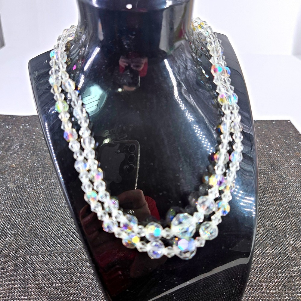 Vintage Aurora Borealis Crystal Double Strand Choker Necklace Iridescent Silver